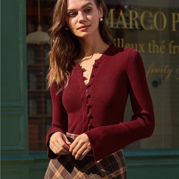 Red Bell Sleeve Ribbed Knit Tee - Picture 1 of 7